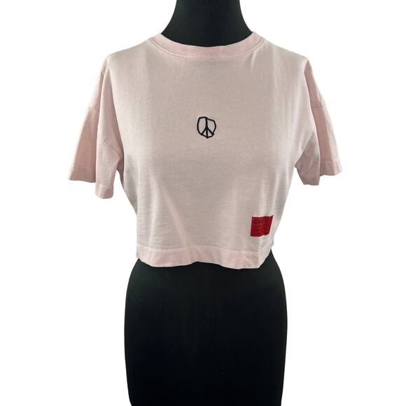 CHNGE Pink PEACE XS Crop Top Cotton Embroidered Round Neck Short Sleeve Pullover - Picture 2 of 9